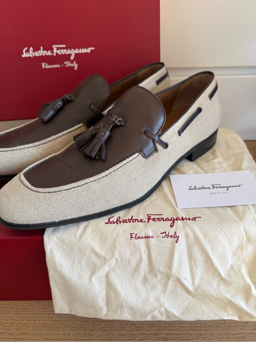 Salvatore Ferragamo Brown Leather and Beige Fabric Tassel Loafers- Faggio 4